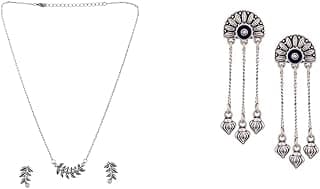 VOYLLA Fresh Fern Bella Necklace Set Traditional Oxidised Silver Plating Brass Mandala Half Moon half circle Floral Design Oxidized Long Tassels Dangle & Drop Earrings and Girls
