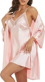 Noty Women's- 2 Pc Hot & Sexy Nightwear Set- Satin - Sexy Lace Chemise with Kimono Robe