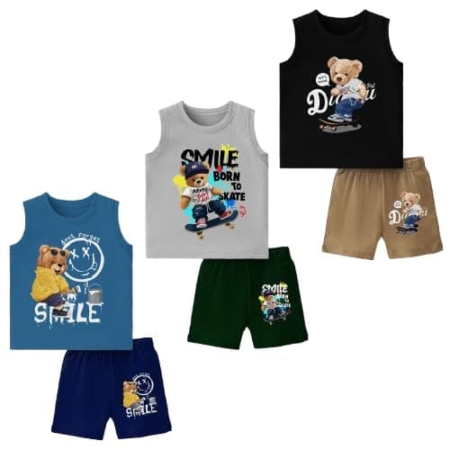 TS LAVI TAVI Baby Cotton Clothing Set | Sleeveless T-Shirt & Shorts Combo | Summer Wear for Boys & Girls | Soft Breathable Fabric | Multicolor Pack of 3