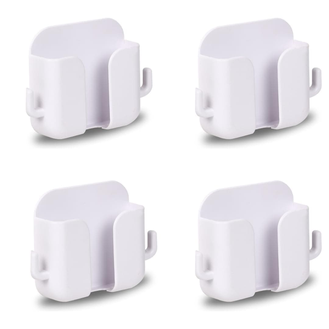 WALLVIEW TECH Pack of 4 Wall Mount Phone Holder Mobile Charging Stand with 2 Hook Mobie Holder for Bedroom Bathroom Kitchen Shelves Office Table Top - Abs (White)