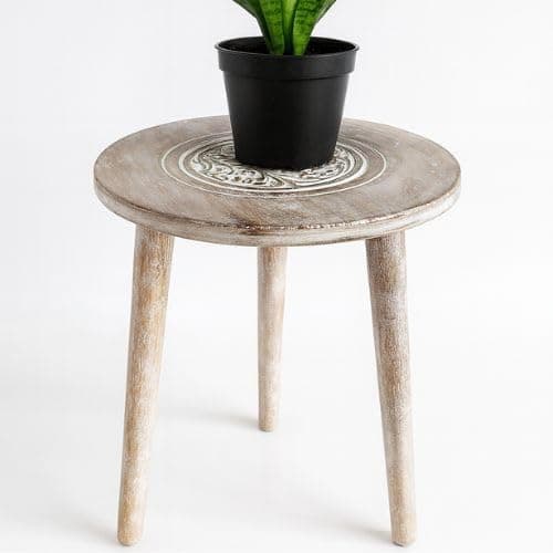 VASIL MART Wooden Three Legs Round Coffee Table and Side Table with Pillars for Plant Holder,Plant Stand, Books, and Magazines in Compact Spaces (White Wash)