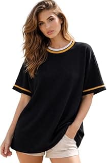 London Hills Women’s Waffle Texture T-Shirt | Loose Fit Casual Summer Top | Round Neck with Contrast Rib Collar & Sleeve Stripe | Soft Breathable Half Sleeve Tee