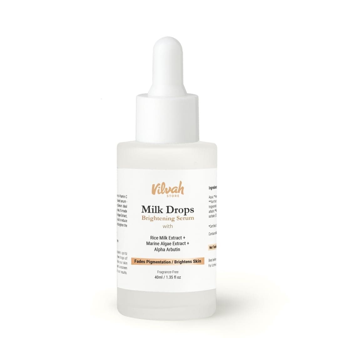 Vilvah Milk Drops Brightening Face Serum | Helps Reduce Dark Spots, Pigmentation & Acne Scars | Hydrates & Improves Skin Tone | With Alpha Arbutin & Hyaluronic Acid | For All Skin Types | 40ml