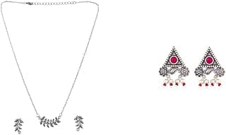 VOYLLA Fresh Fern Bella Necklace Set for women Oxidised Silver Brass Triangle Stud Statement Earrings with Pink Stone for Women and Girls