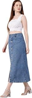 Generic Western Regular Fit Comfortable Long Two Button Up Dobby Denim Skirt for Girls & Women