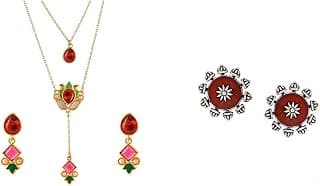 VOYLLA Forever More Pink Stones Enamelled Layered Necklace Jewellery Set Silver Oxidised Plating Brass Moksha Antique Style Round Earrings with Red Studs for Women and Girls
