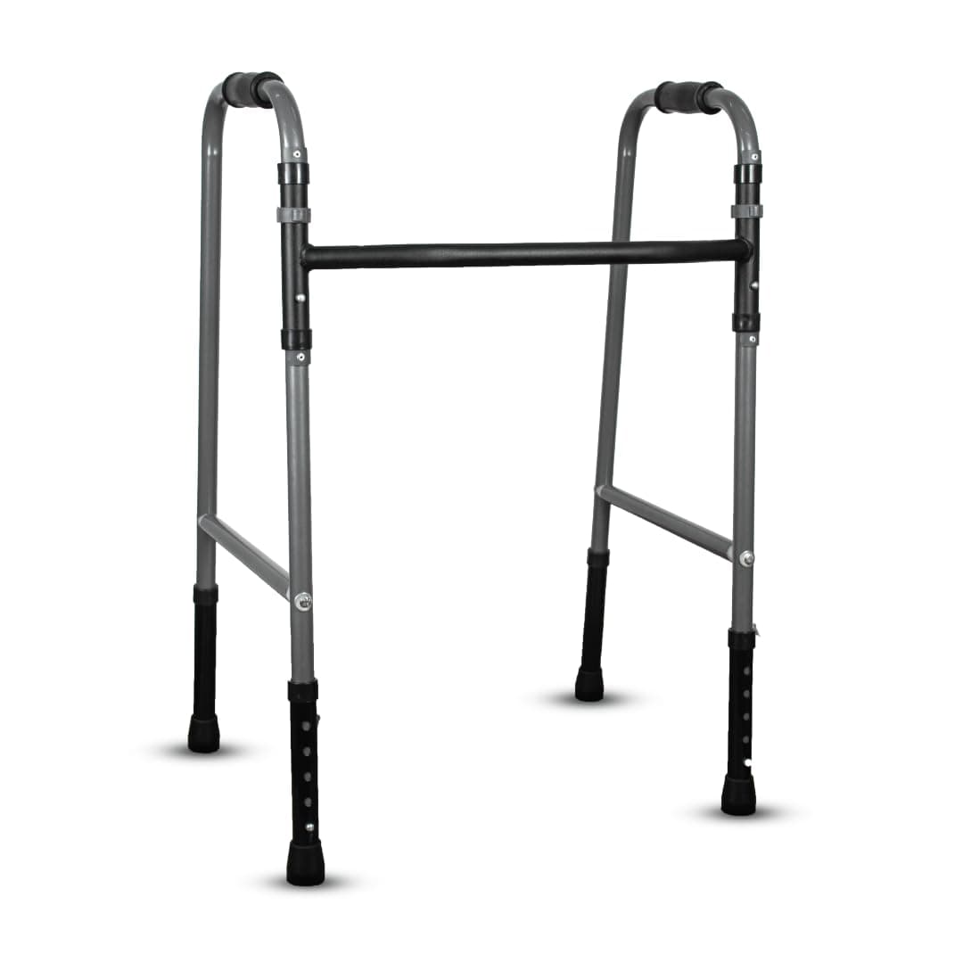 Venante Walker with Mild Steel Frame, Foldable, Lightweight Walking Aid for Elderly and Seniors, Adjustable Height Walker for Men and Women, Premium Rubber Shoes for Anti-Slip Grip (Grey)
