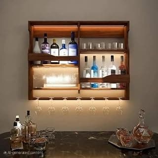 Sheesham Wood Bar Cabinet with Shelves and Glass Holders, 122 cm