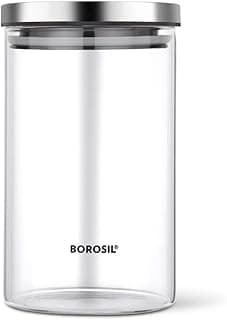 Borosil 900ml Classic Glass Jar with Airtight Stainless Steel Lid | Borosilicate Glass Storage Organiser | Microwave & Dishwasher Safe Kitchen Containers for Spices, Snacks, Grains, Dals