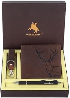 LONDON ALLEY Jason Vintage Brown Leather Wallet, Keyring & Pen Combo Gift Set for Men | Gift Hamper for Men