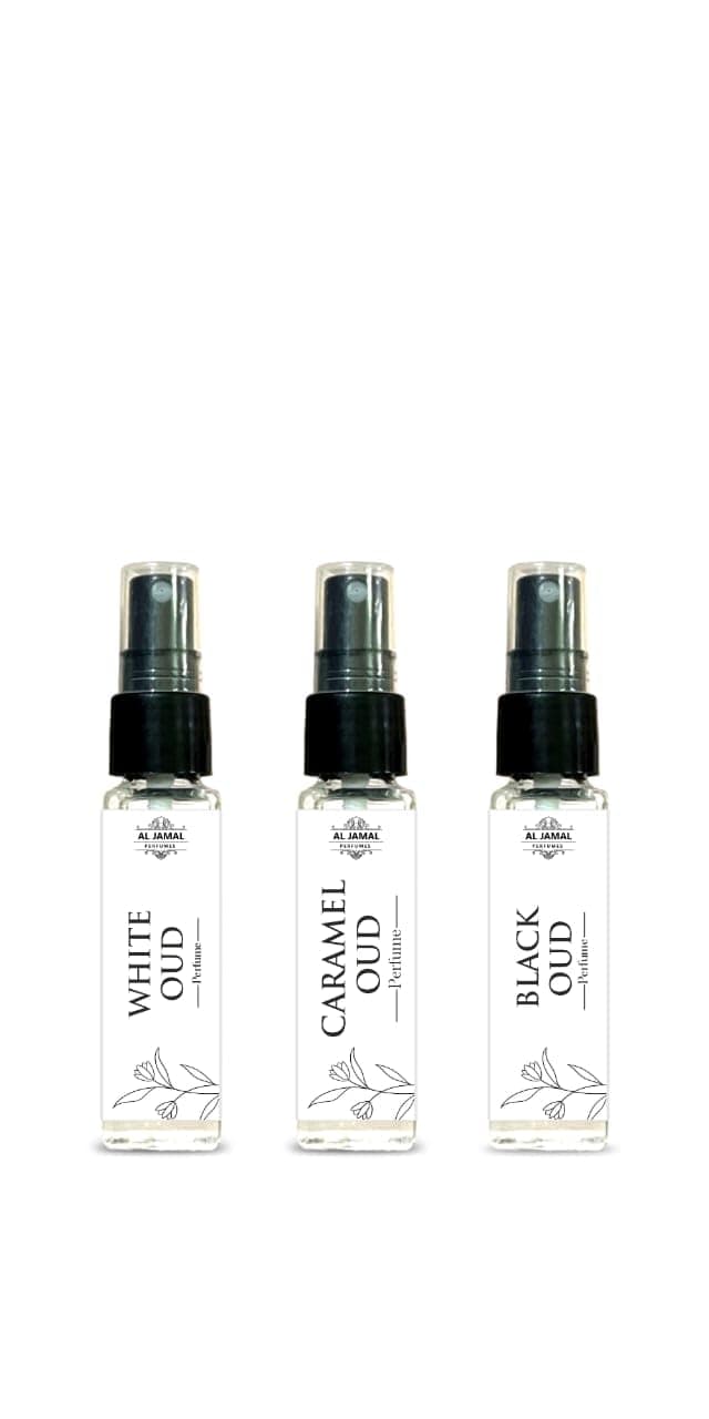 AL JAMAL Perfumes White Oudh, Caramel Oud, Black Oud/Pack of 3 | Long Lasting Arabic perfumes Combo | Unisex Perfume | 8ml Each