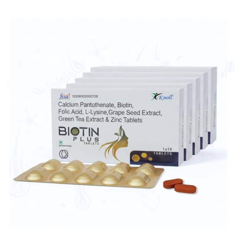 Knoll Healthcare Biotin Plus Tablets with Grape Seed Extract, Green Tea Extract, Zinc & L-Lysine | Supports Hair, Skin & Nail Health | Antioxidant & Nutritional Supplement (5x10 Capsules)