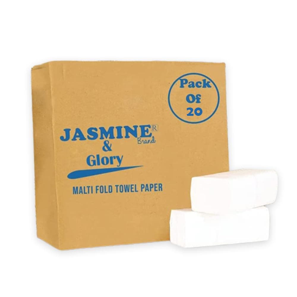 JASMINE & GLORY Multifold Paper Hand Towels (M Fold, Pack of 20) - 3,000 Sheets Total, 34 GSM Highly Absorbent Paper Tissue for Home, Office, Kitchen & Restroom | White Bulk Commercial Hand Towels