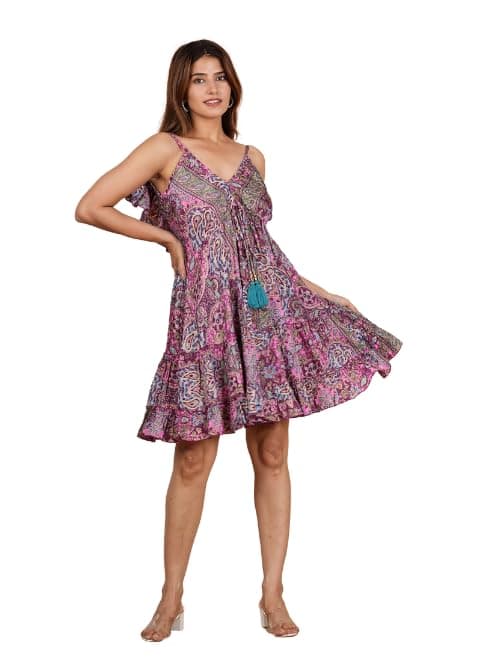 Yash Gallery Women’s Polyester Printed Short Dress with Back Frill & Adjustable String