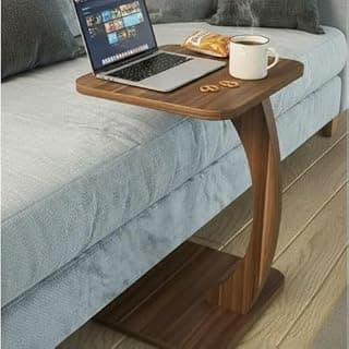 Modern C-Shaped Side Table for Sofa & Bed – Multi-Purpose Laptop Table, Snack Holder, Book & Plant Stand – Compact & Sturdy Bedside Table (Natural)