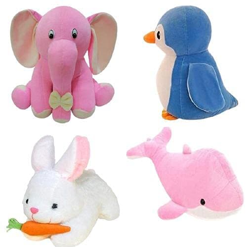 Future Shop Combo of 4 Animals Soft Toy Kids for Playing Soft Toy Appu Elephant, Penguien, Pink Dolphine & Rabbit Stuff Toys for Kids Playing Birthday Gift (30cm)