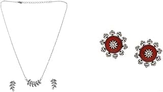 VOYLLA Fresh Fern Bella Necklace Set for women Silver Oxidised Plating Brass Moksha Antique Style Round Earrings with Red Studs for Women and Girls