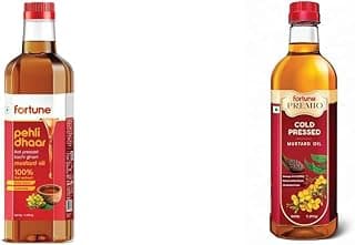 FORTUNE Pehli Dhaar First Pressed Kachi Ghani Mustard Oil 1 L and Premio Cold Pressed Mustard Oil 1L Bottle | 1 L + 1L