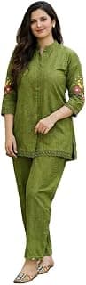 Generic Women's Pure Cotton Co-Ord Set, Green Kurta with Pant, Floral Embroidered 3/4 Sleeve, Stylish Pocket Design