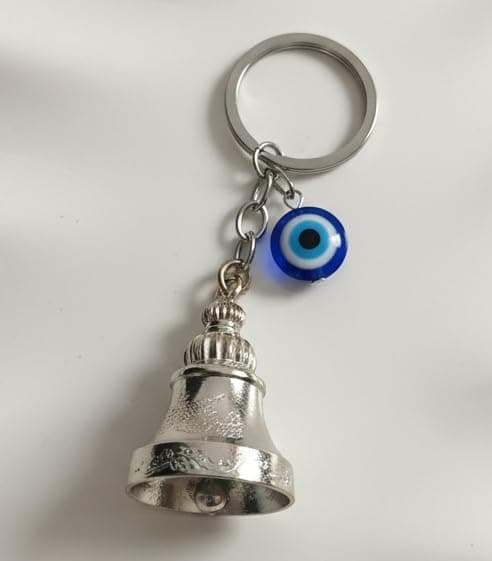 AEROSTARK Shiny Silver Chrome Plated Guardian Bell For Bike Keychain with Evil Eye Charm | Premium Motorcycle Guardian Bell | Car Bike Keyring | Lucky Protection | Single Piece