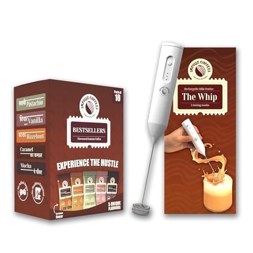 Impulse Coffees The Whip Electric Milk Frother with Instant Coffee Sachets Combo | Rechargeable Frother, 5 Flavours, Hot & Cold Coffee | 10 Sachets