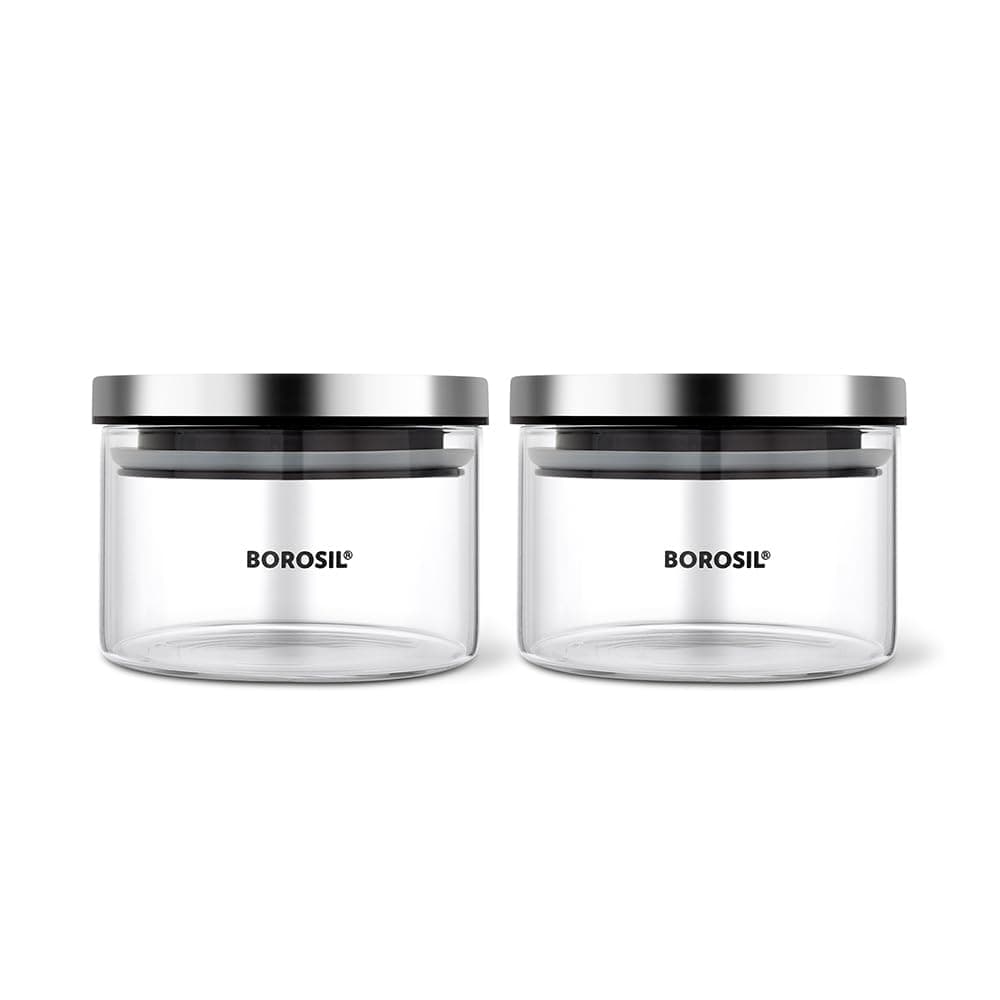 Borosil Classic Jar (300ml x 2) with Stainless Steel Lid | Borosilicate Glass Storage Organiser | Microwave & Dishwasher Safe Kitchen Containers for Spices, Snacks, Grains, Dals
