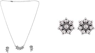 VOYLLA Fresh Fern Bella Necklace Set for women Silver Oxidised Brass Floral Motif Boho Style Stud Earrings Tops for Women and Girls