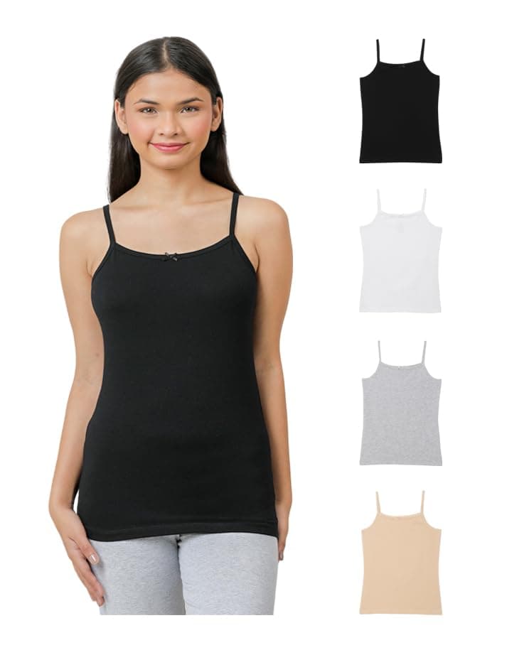CHARM N CHERISH Multicolor Cotton Camisole - Sleeveless Vest Innerwear Cami Slips for Girls - Combo Pack of 4