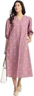 Pink Fort Casual Cotton Relaxed Dress | A-Line Fit 3/4th Puff Sleeves V-Neck