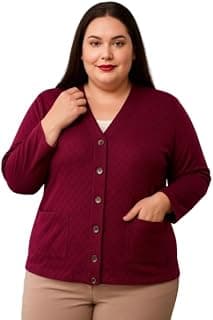 LE ARC Women's Woollen V-Neck Plus Size Winter Cardigan Sweater with Front Pockets