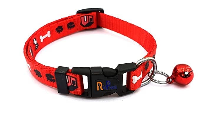 Woofy 15MM Pets Paw Printed Adjustable Length Collar Belt with Bells Soft Nylon Collar for Small Dogs, Puppies and Cats (Red)