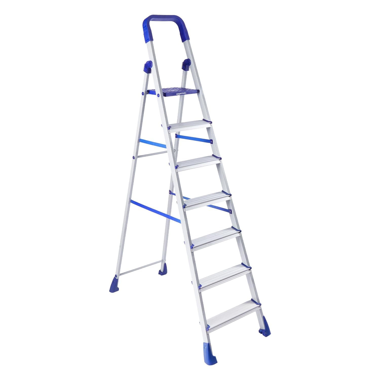 Amazon Basics Clamber Pro - Foldable 7 Step Ladder, Firm Grip, 7 Steps (Aluminium Steps, Blue & Satin)