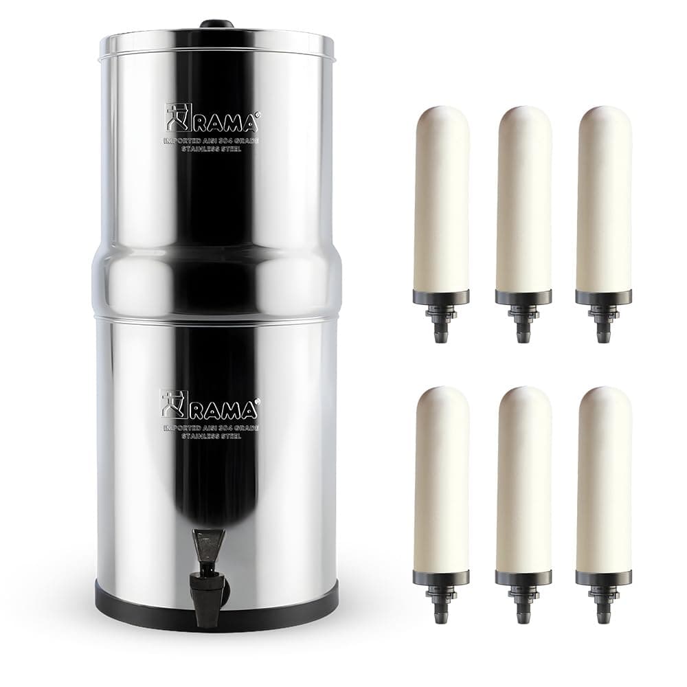RAMA Gravity Water Filter | 32L Total Capacity (16L Storage) | 304 Stainless Steel Non Electric Water Purifier Filter for Home | Includes 6 Spirit 7" Ceramic Candles & 10-Year Warranty