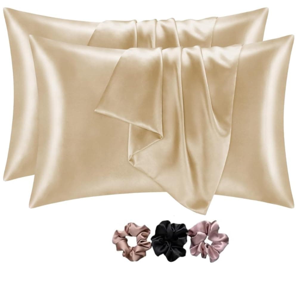 GO WELL Solid Satin Silk Pillow Covers Pack of 2 for Hair and Skin-with Satin Scrunchies |Satin Pillow coves for Hair and Skin|scrunchies for Women 3-Piece|Silk Pillow case (Champagne) 600 TC