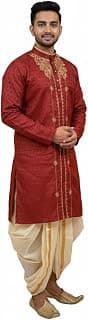 NEEDLE GO TRADITIONAL Men's Bengali Wedding Punjabi Kurta, Banarasi Silk, Embroidered, Beige and Maroon, M to XXL (Only Kurta)