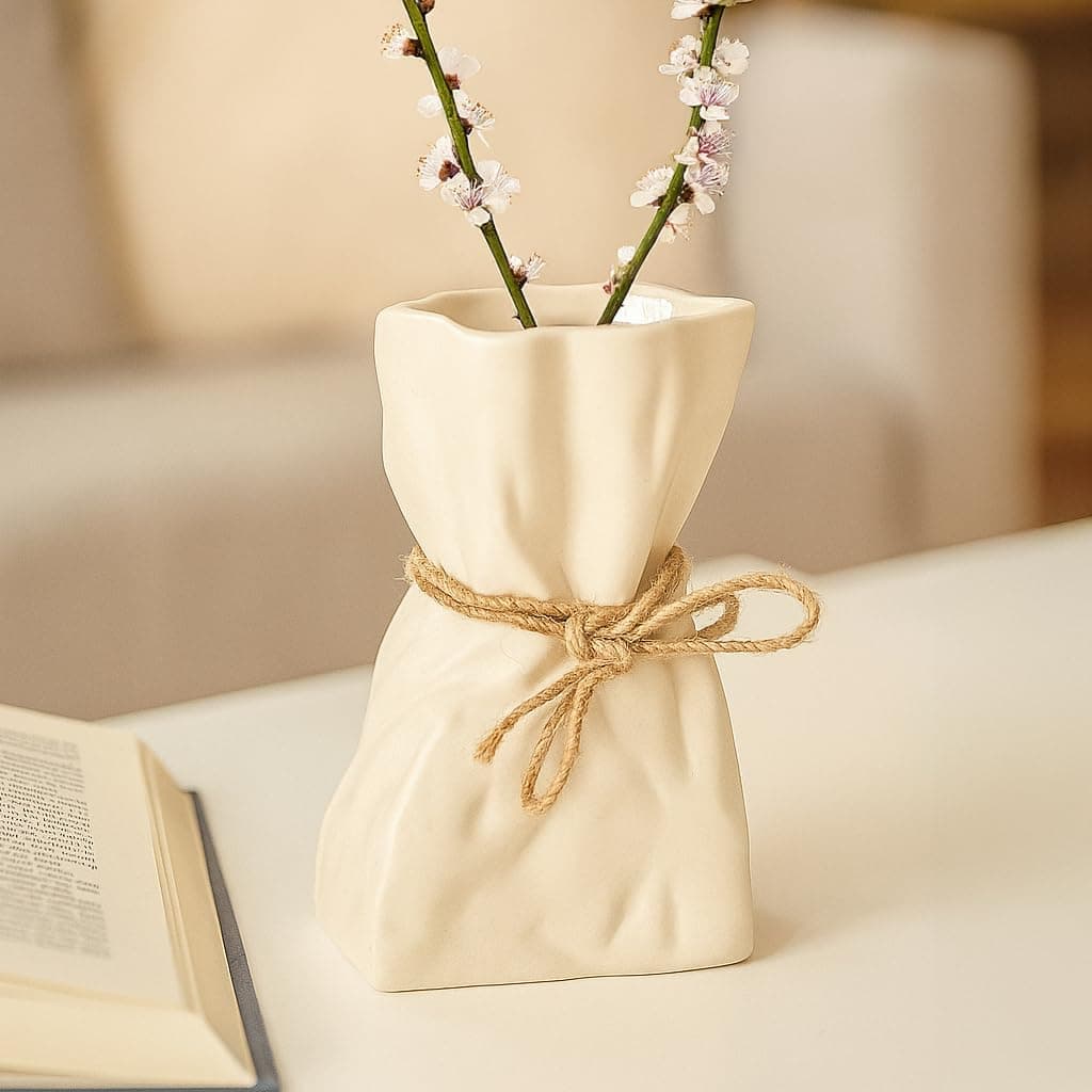 Wakefit Ceramic Antique Flower Vase | 8.3 Inch Decorative Table Vases for Home Decor, Living Room, Bedroom, Office & Gifting, Modern Rustic Flower Holder, Vase Only, Set of 1 - Ivory