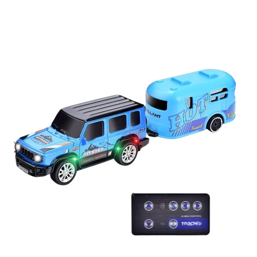 PLUSPOINT 1:64 Mini RC Off-Road Jeep with Camper Van LED Lights 2.4GHz Off-Road Remote Control Car | 3 Speed Adjustable, USB Rechargeable Alloy RC Car for Kids & Adults Indoor/Outdoor Racing