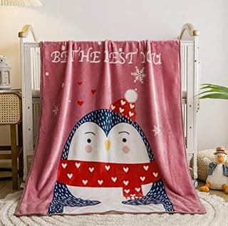 Koochie-Koo Penguin Cartoon Print Light Weight Soft Cozy Plush Fleece Coral Velvet Faux Fur All Seasons New Born Baby Blanket for Boys Girls Kids Toddler - 100x140 cm (Pack of 1, Pink)