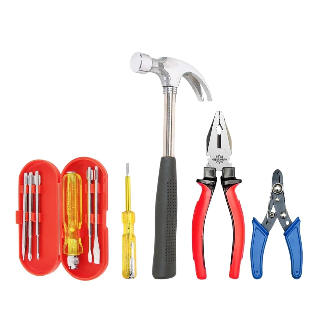 LOOPITO 5-in-1 Hand Tool Kit – Combination Plier, Wire Stripper, Claw Hammer, Line Tester & 5-in-1 Screwdriver Set for Electricians & Home Use