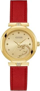 GUESS Womens Leather 34Mm Analog Watch - Red Strap Champagne Dial Gold Tone Case, Red, Classic, Band Color:Red