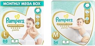 Pampers Premium Care Pants Diapers Monthly Box Pack, Large, 88 Count&Pampers Premium Care Pants Diapers, Medium, 54 Count