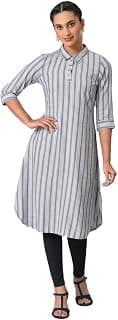 Aurelia Women's Cotton Regular Fit Solid Regular Stripe Print Shirt Collar Kurta
