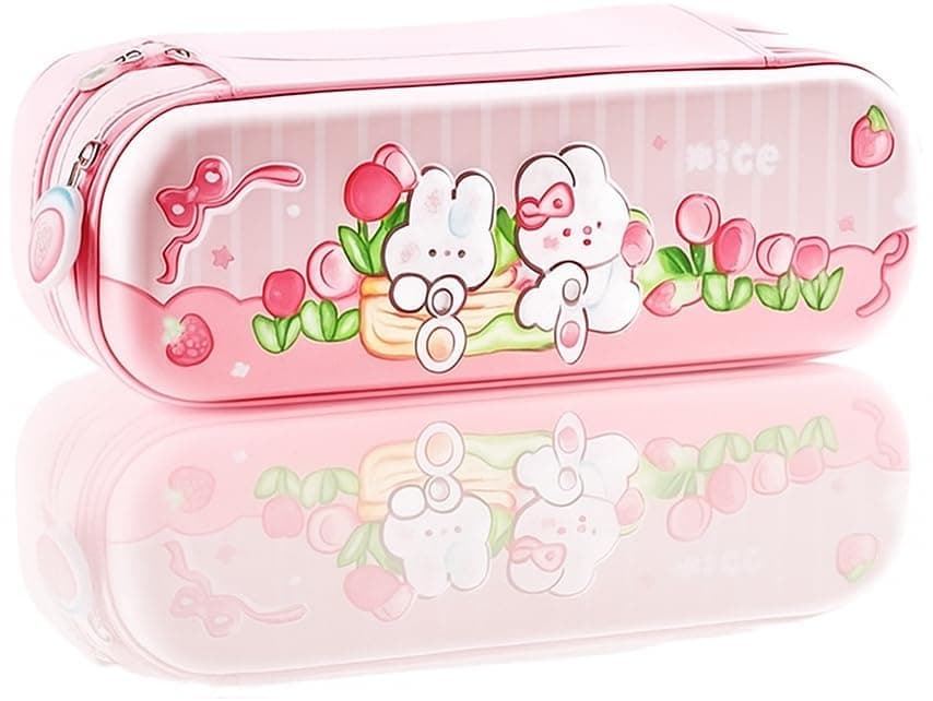 Sanghariyat Double Layer Pencil Case 3D Cover Eva Space Astronaut Theme Large Capacity Pencil Zipper Pouch Bag Compass School Organizer Students Kids (Rabbit Yummy) (Pink)