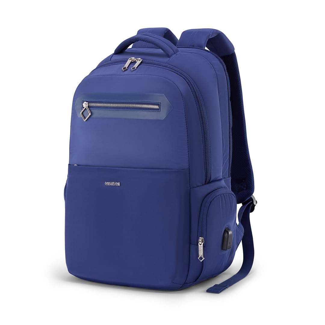 American Tourister Jit+ 2.0 Style 02 | 28L Backpack | 17" Laptop Bag | 2 Compartments | Smart College & Office Backpack for Women | USB Charging Port, Rain Cover & Smart Sleeve | Blue Depth | 1 Yr Global Warranty