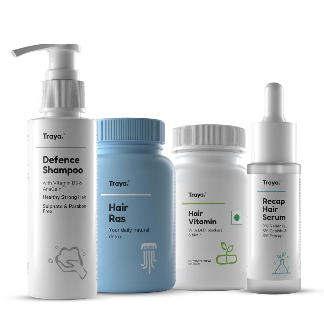 Traya Hair Growth Kit | Contains Hair Ras + Hair Vitamins + Recap Serum + Defence Shampoo with Biotin, Vitamin B3, Bhringraj, Ashwagandha, Redensyl, & Procapil | Strong and Healthy