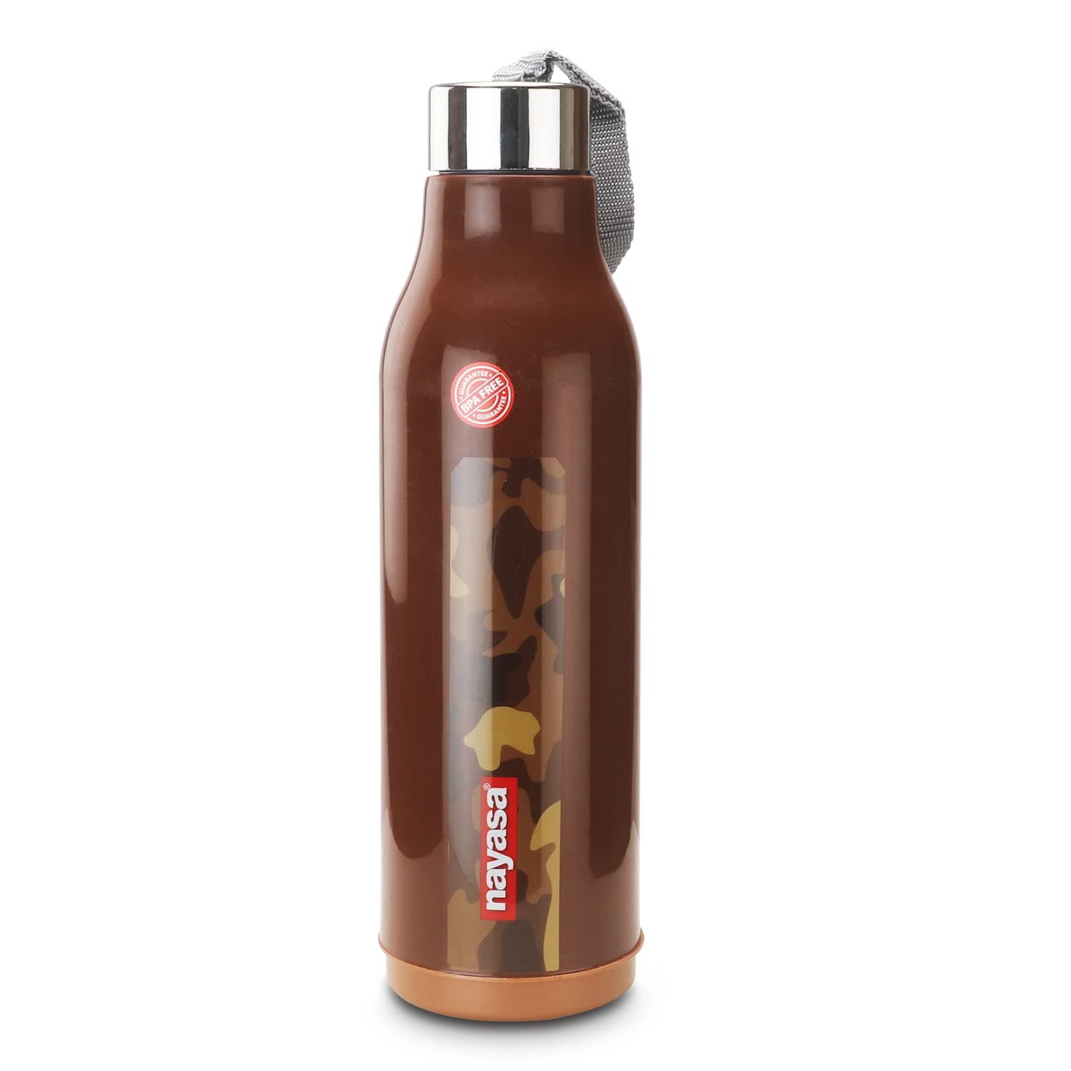 Nayasa Whip- 900 ML Insulated Water Bottle With Plastic Inner, Band Attached For Easy Holding, Wide Mouth For Easy Clean & Filling, BPA Free, For College, Office, Travel, Sports, Brown