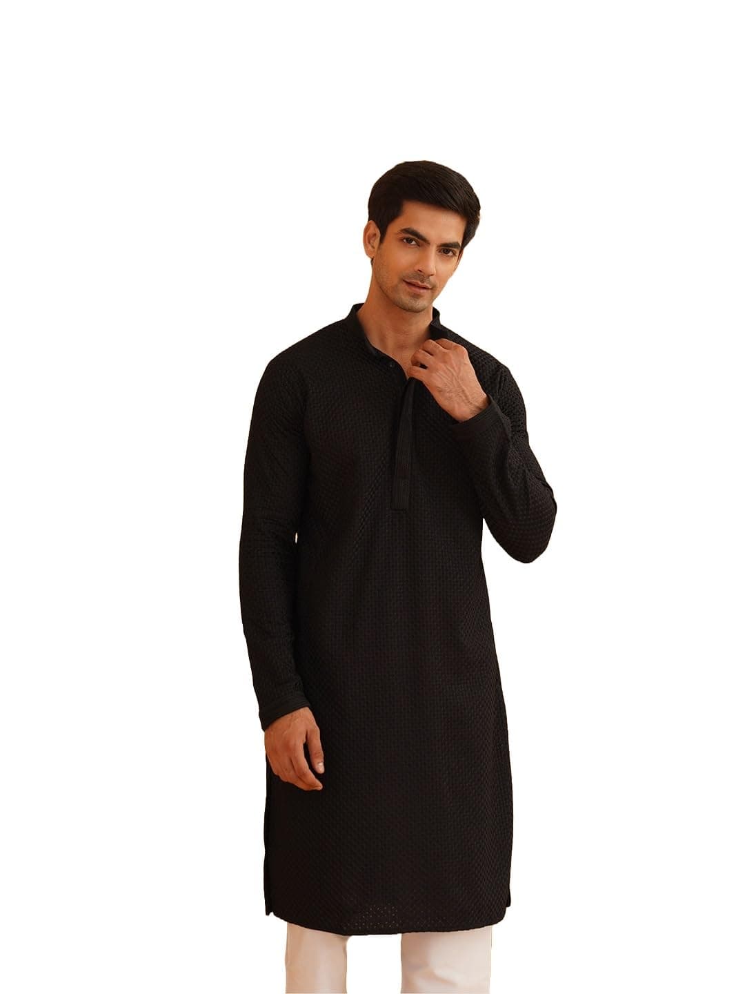 SOJANYA Men’s Cotton Checkered Thread Embroidered Long Kurta