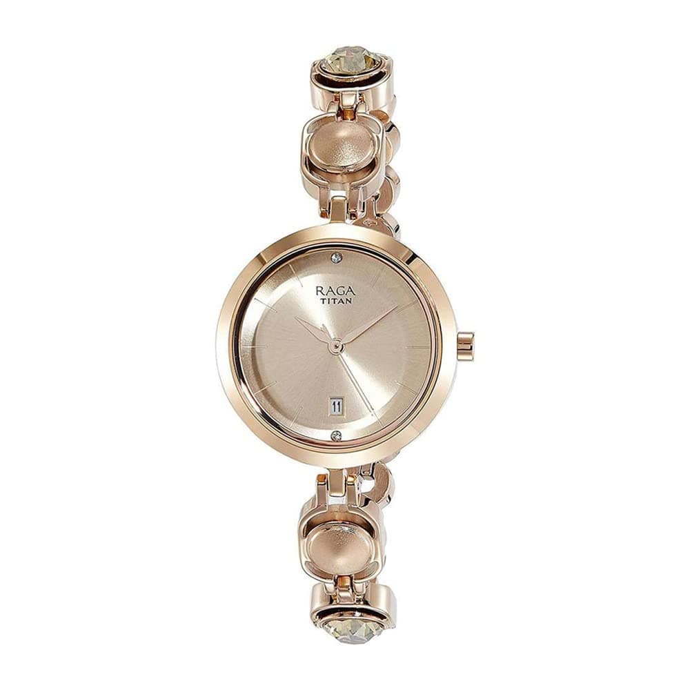 Titan Raga Viva Rose Gold Dial Analog with Date Metal Strap watch for Women-NS2606WM02