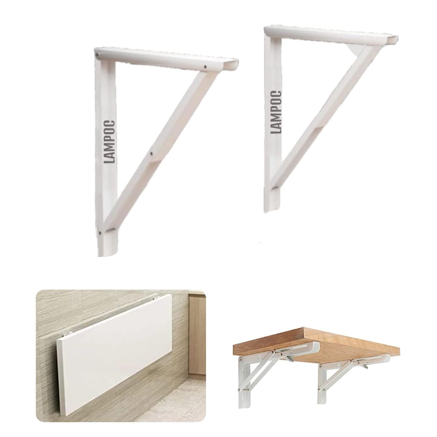 LAMPOC Folding Shelf Table Brackets, Max Load 100kgs Folding Shelf Table Hinge Wall Mounted, Heavy Duty Powder Coated Steel Shelf Bracket|Only Brackets with screws and plugs (12 inch Bracket, White)