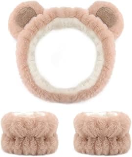 MAYCREATE® Skincare Headband for Women & Wrist Band for Face Wash 3pcs Combo, Cute Facial Makeup Hair Band and Wrist Bands Towel, Bear Ears Face Wash Band Spa Headband for Women Girls